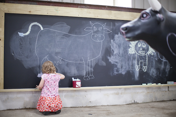 Girl drawing cow on blackboard