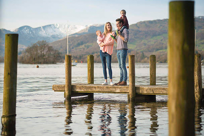 family on lake